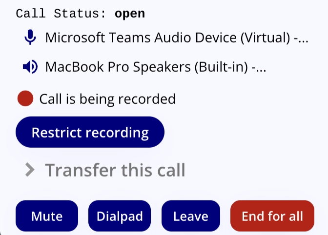 Active call panel with current devices